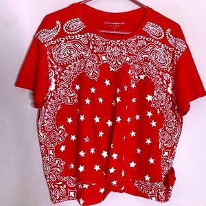 Lucky brand red paisley star print front knot crop T-shirt short sleeve large
